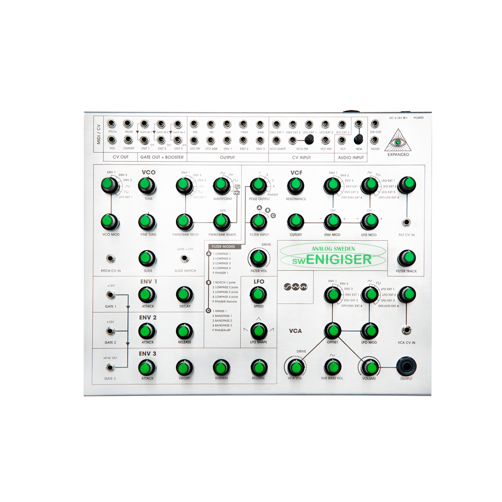 Sintetizador analógico semi-modular swEnigiser, painel frontal