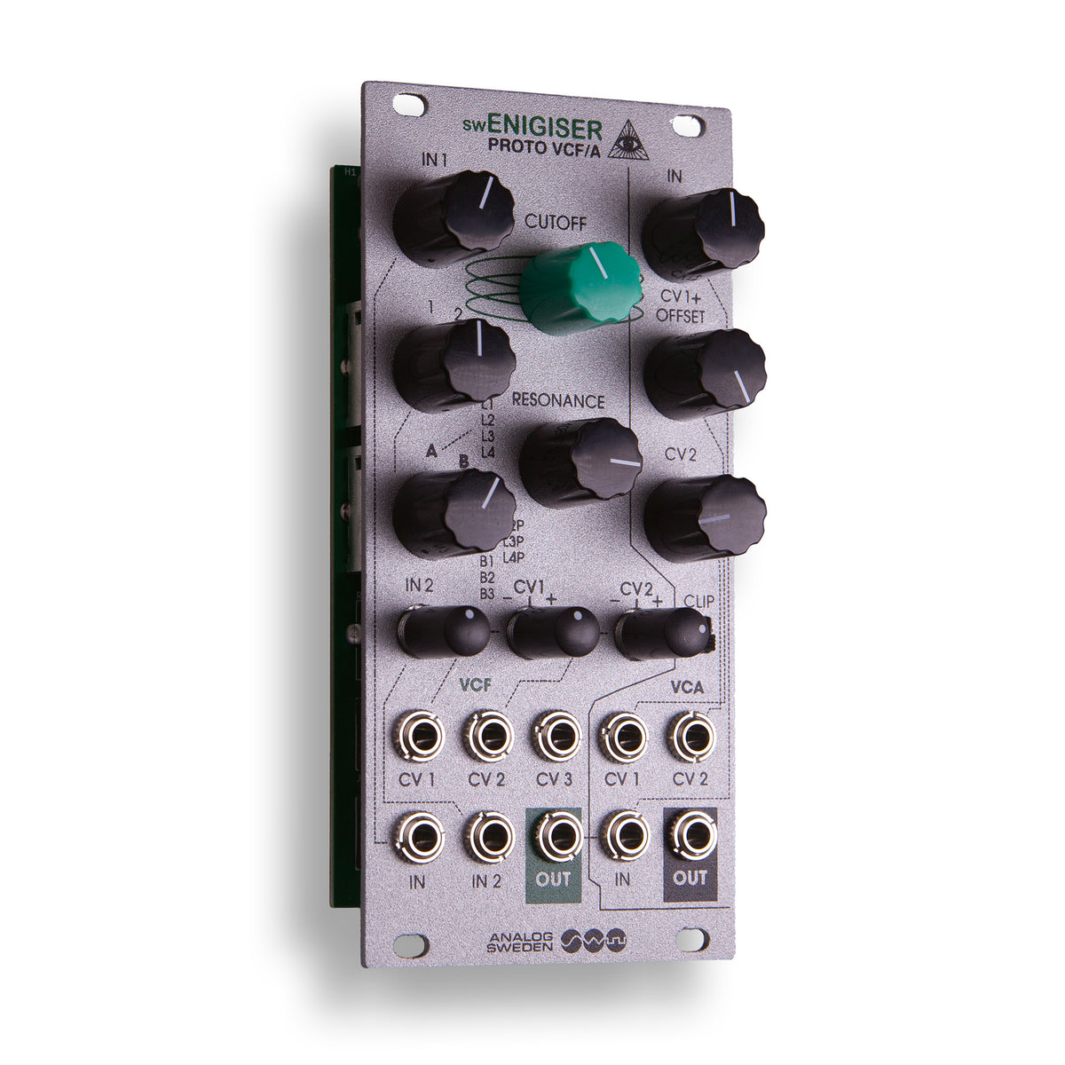 Módulo swEnigiser Proto VCF/A com painel prateado, vista oblíqua