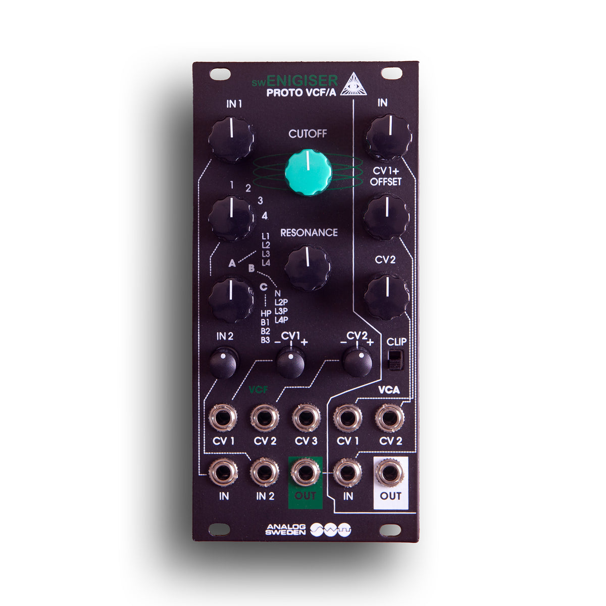 Módulo swEnigiser Proto VCF/A com painel preto, vista frontal